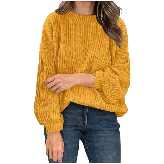 Fesfesfes Women's Solid Color Fall Tops Trendy Round Neck Long Trumpet Sleeve Loose Sweater Comfy Breathable for Daily Office Wearing(Yellow,M)