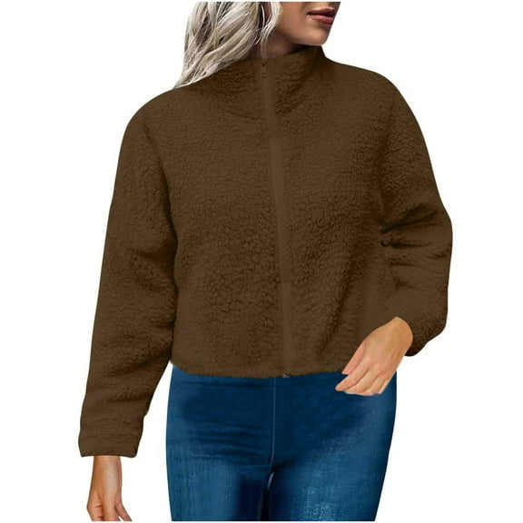 Fesfesfes Women's Solid Color Fleece Jacket Loose Long Sleeved Stand up Collar Warmkeeeping Cardigan with Inner and Outer Pockets Tops(Brown#3,M)
