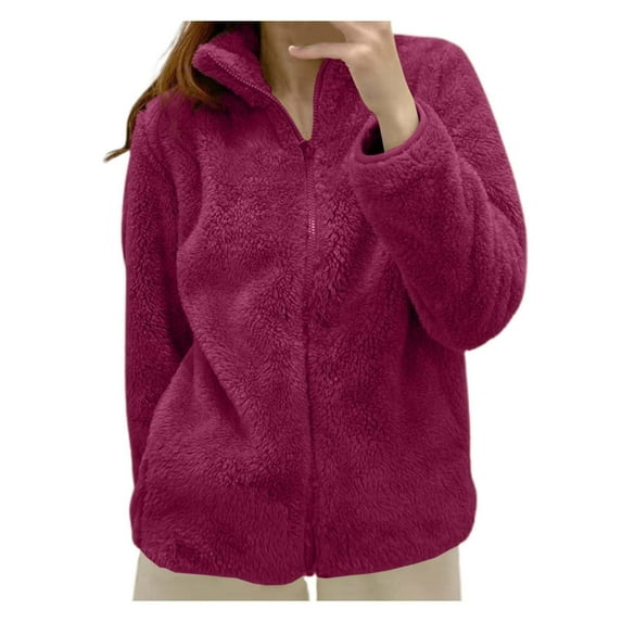 Fesfesfes Women's Solid Color Fleece Jacket Loose Long Sleeved Stand up Collar Warmkeeeping Cardigan with Inner and Outer Pockets Tops(Hot Pink#2,XL)