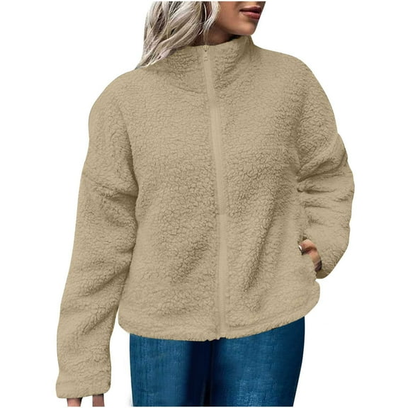 Fesfesfes Women's Solid Color Fleece Jacket Loose Long Sleeved Stand up Collar Warmkeeeping Cardigan with Inner and Outer Pockets Tops(Khaki#3,M)
