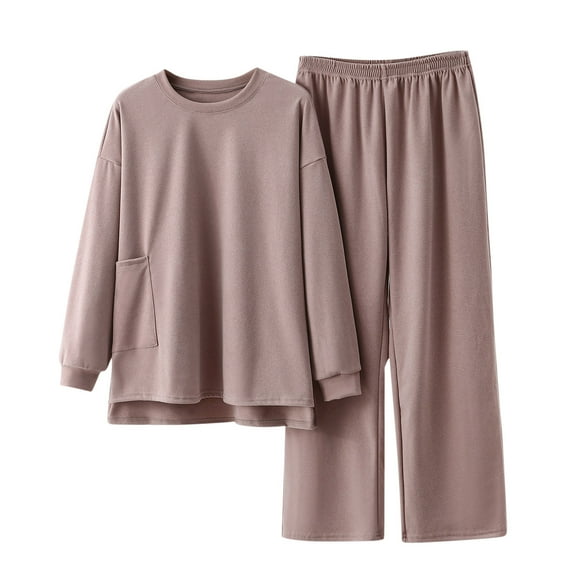 Fesfesfes Women's Solid Color Pajama Set Fall/Winter Casual Long Sleeved Crew Neck Homewear Warmkeeping Loose Comfortable Blouses Pants Sets(Khaki#5,2XL)