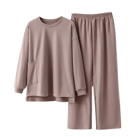 Fesfesfes Women's Solid Color Pajama Set Fall/Winter Casual Long Sleeved Crew Neck Homewear Warmkeeping Loose Comfortable Blouses Pants Sets(Khaki#5,3XL)