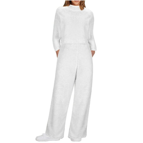 Fesfesfes Women's Solid Color Pajama Set Fall/Winter Casual Long Sleeved Crew Neck Homewear Warmkeeping Loose Comfortable Blouses Pants Sets(White#1,L)