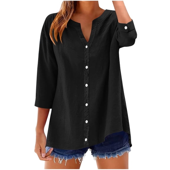 Fesfesfes Women's Solid Color Shirt Pointed Collar Convertible Roll-Up Long Sleeve with Buttons Lightweight Fabric for Casual Fall Wear(Black#4,M)