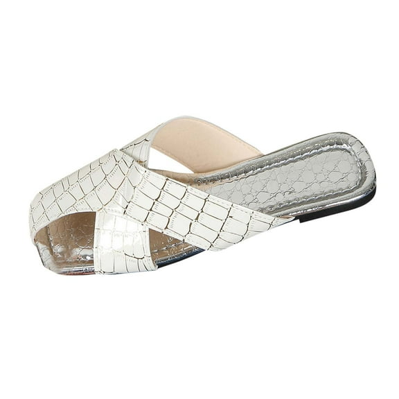 Fesfesfes Women's Solid Color Square Toe Flat Slippers for Spring Summer Slip-On House Shoes with Soft Cushioning Indoor Outdoor Versatile(White,US 6)