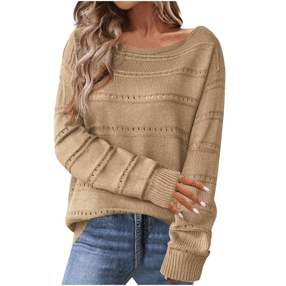 Fesfesfes Women's Solid Color Sweater Cozy Fall Winter Casual Long Sleeved with Ribbed Cuffs Round Neck Sweater Warmkeeping Daily Wearing(Khaki,M)