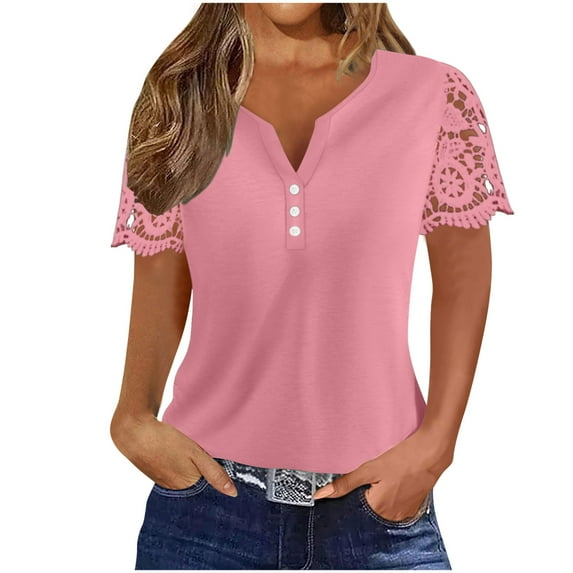 Fesfesfes Women's Solid Color T-Shirt With Button-Front Lace Patchwork Short Sleeved Loose Tops V-Neck Summer Casual Blouse Summer (Pink,2XL)