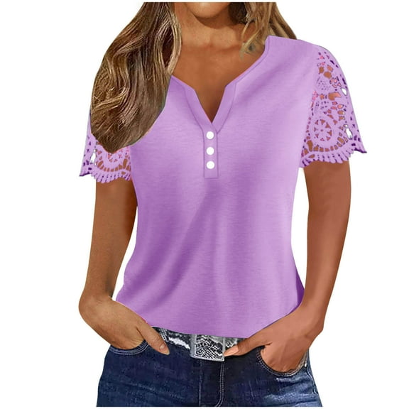 Fesfesfes Women's Solid Color T-Shirt With Button-Front Lace Patchwork Short Sleeved Loose Tops V-Neck Summer Casual Blouse Summer (Purple,S)