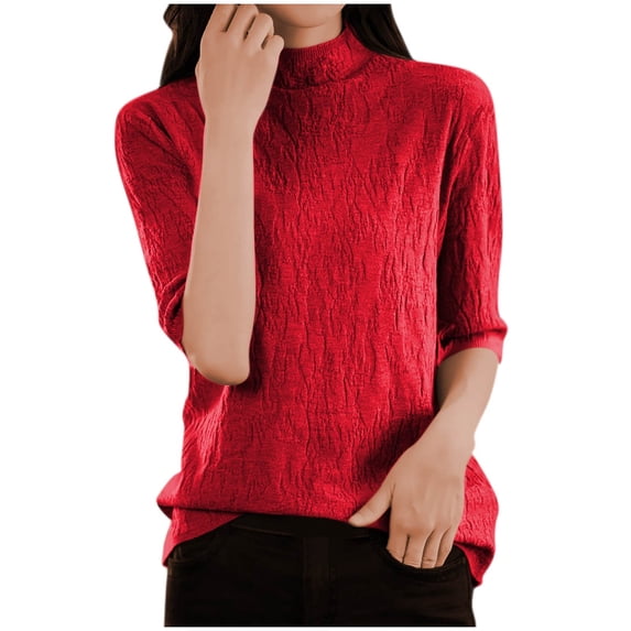 Fesfesfes Women's Solid Color Tops Casual Mid/Long Sleeved Round Neck Knitted Sweater Thin Sweater Fall/Winter Daily Wearing Blouses(Red,2XL)