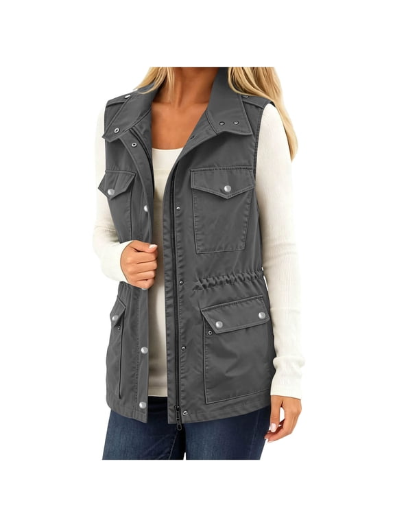Women's Solid Color Utility Vest with Drawstring Waist and Multi Pockets Full Zip Sleeveless Cargo Outerwear for Fall Winter Daily Wear and Work