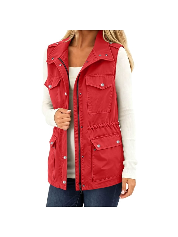 Women's Solid Color Utility Vest with Drawstring Waist and Multi Pockets Full Zip Sleeveless Cargo Outerwear for Fall Winter Daily Wear and Work