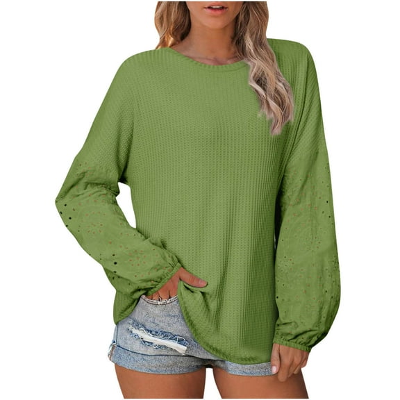 Fesfesfes Women's Sophisticated Versatile Shirt Breathable Long Sleeves Round Neck Tops Solid Color Comfortable Daily Wearing Blouse(Green#2,XL)