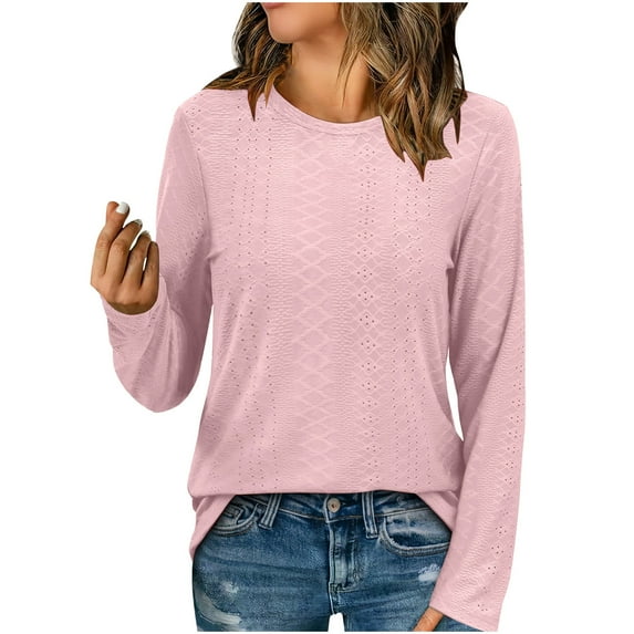 Fesfesfes Women's Sophisticated Versatile Shirt Breathable Long Sleeves Round Neck Tops Solid Color Comfortable Daily Wearing Blouse(Pink#1,S)