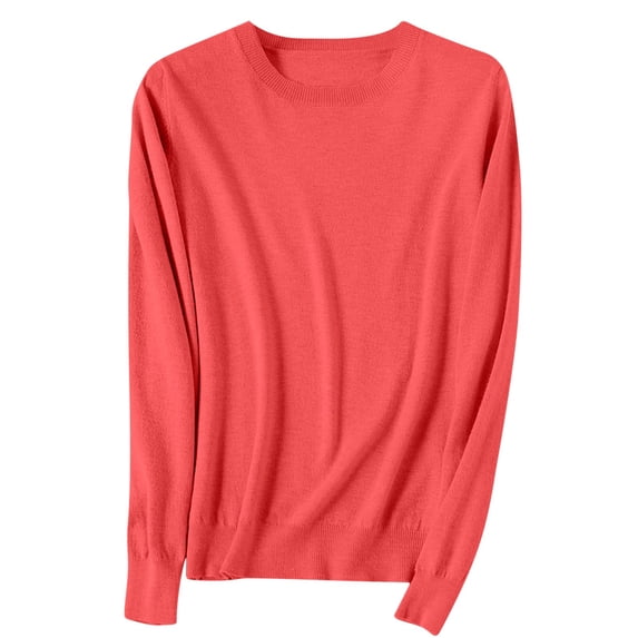 Fesfesfes Women's Spring Sweater Leisure Warm Keeping Round Neck Long Sleeve with Ribbed Cuffs Knit Blouses Versatile Solid Color Tops(Watermelon Red#1,M)