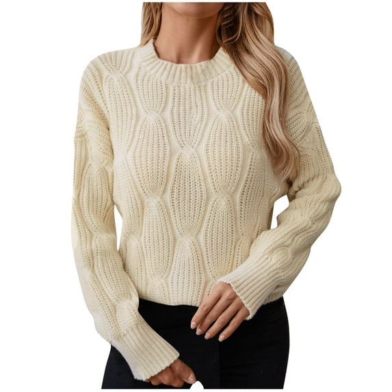 Fesfesfes Women's Spring Sweater Leisure Warm Keeping Round Neck Long Sleeve with Ribbed Cuffs Knit Blouses Versatile Solid Color Tops(Beige#3,XL)