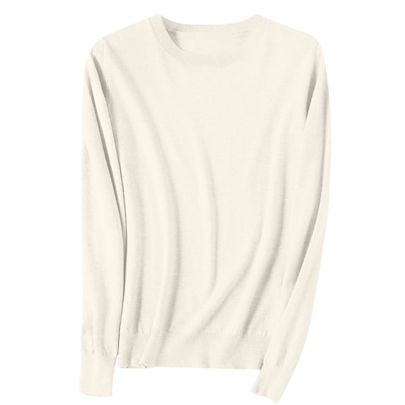 Fesfesfes Women's Spring Sweater Leisure Warm Keeping Round Neck Long Sleeve with Ribbed Cuffs Knit Blouses Versatile Solid Color Tops(Beige,M)