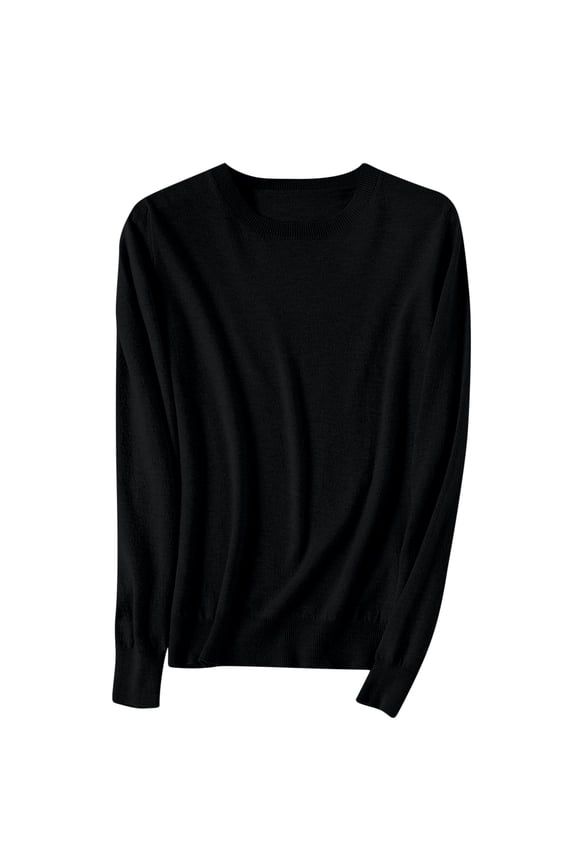 Women's Spring Sweater Leisure Warm Keeping Round Neck Long Sleeve with Ribbed Cuffs Knit Blouses Versatile Solid Color Tops(Black,L)