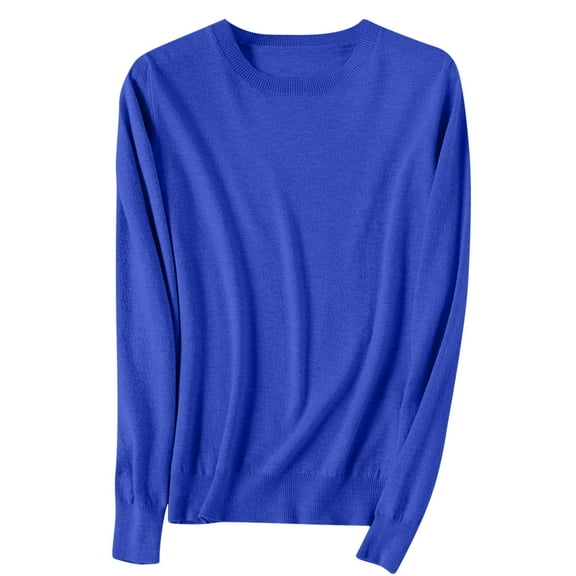 Fesfesfes Women's Spring Sweater Leisure Warm Keeping Round Neck Long Sleeve with Ribbed Cuffs Knit Blouses Versatile Solid Color Tops(Blue#2,S)