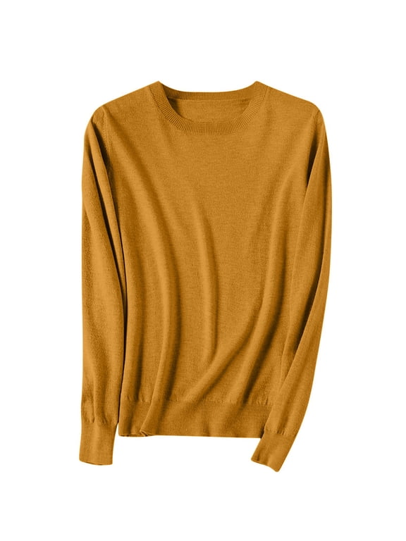 Women's Spring Sweater Leisure Warm Keeping Round Neck Long Sleeve with Ribbed Cuffs Knit Blouses Versatile Solid Color Tops(Gold,S)