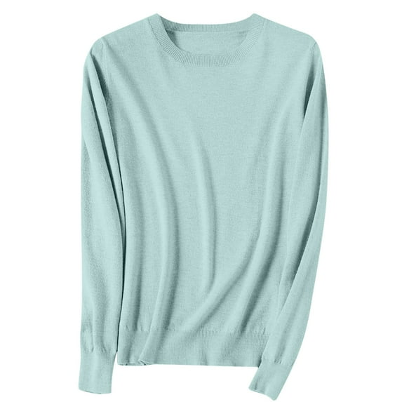 Fesfesfes Women's Spring Sweater Leisure Warm Keeping Round Neck Long Sleeve with Ribbed Cuffs Knit Blouses Versatile Solid Color Tops(Green#1,L)