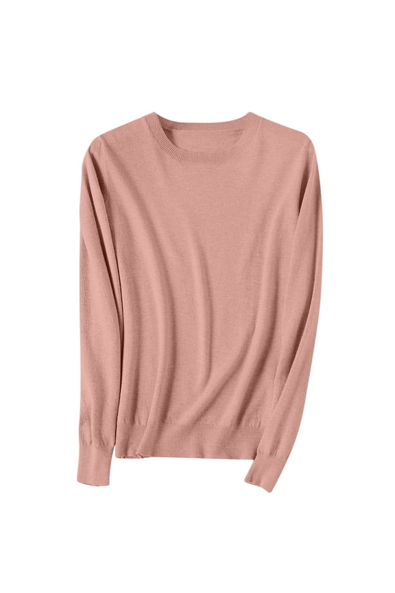 Women's Spring Sweater Leisure Warm Keeping Round Neck Long Sleeve with Ribbed Cuffs Knit Blouses Versatile Solid Color Tops(Pink#1,L)