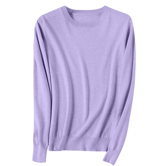 Fesfesfes Women's Spring Sweater Leisure Warm Keeping Round Neck Long Sleeve with Ribbed Cuffs Knit Blouses Versatile Solid Color Tops(Purple#1,2XL)