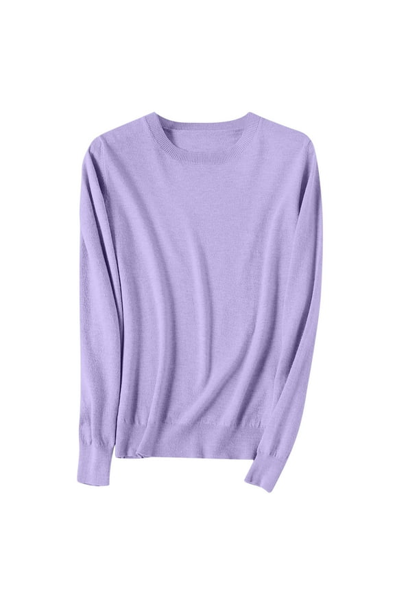 Women's Spring Sweater Leisure Warm Keeping Round Neck Long Sleeve with Ribbed Cuffs Knit Blouses Versatile Solid Color Tops(Purple#1,L)