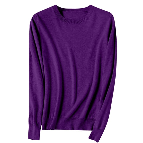 Fesfesfes Women's Spring Sweater Leisure Warm Keeping Round Neck Long Sleeve with Ribbed Cuffs Knit Blouses Versatile Solid Color Tops(Purple#2,2XL)