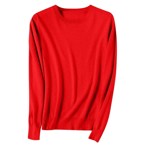 Fesfesfes Women's Spring Sweater Leisure Warm Keeping Round Neck Long Sleeve with Ribbed Cuffs Knit Blouses Versatile Solid Color Tops(Red#2,L)