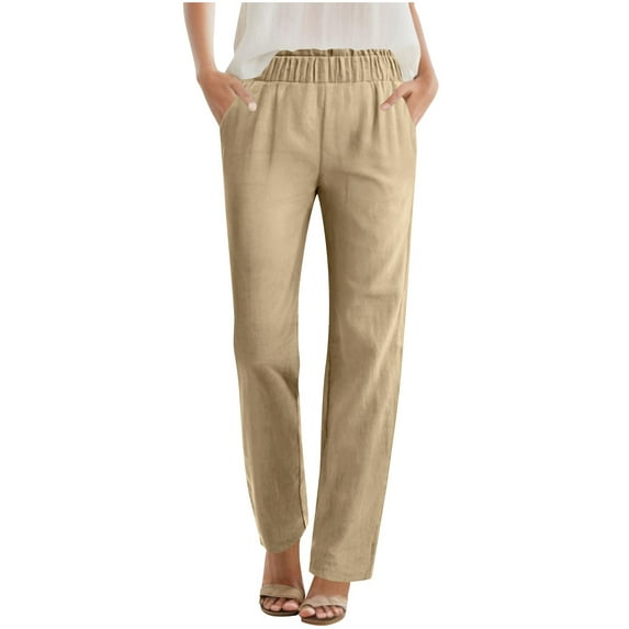 Fesfesfes Women's Straight-Leg Trousers Trendy Linen Drawstring Elastic High-Waist Long Pants Solid Color Lightweight Trousers for Daily(Beige,M)