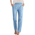 thumbnail image 1 of Fesfesfes Women's Straight-Leg Trousers Trendy Linen Drawstring Elastic High-Waist Long Pants Solid Color Lightweight Trousers for Daily(Blue,M), 1 of 8