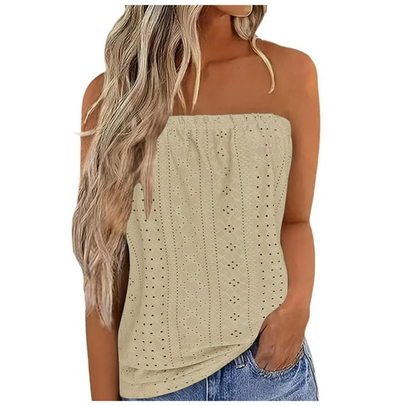 Fesfesfes Women's Strapless Bandeau Tank Tops Outdoor Casual Sleeveless Eyelet T-Shirt Loose Comfortable Summer Beach Wearing Blouses(Khaki,L)