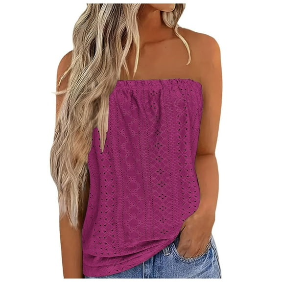 Fesfesfes Women's Strapless Bandeau Tank Tops Outdoor Casual Sleeveless Eyelet T-Shirt Loose Comfortable Summer Beach Wearing Blouses(Purple,S)