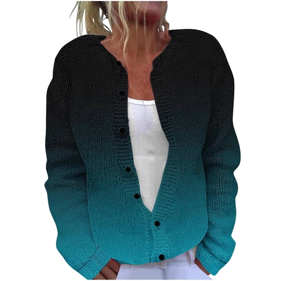 Fesfesfes Women's Stripe Knit Cardigan Round Neckline Long Tapered Cuffs Blouses with Buttons Oversized Soft Comfy Fabric Coldproof(Sky Blue#5,M)