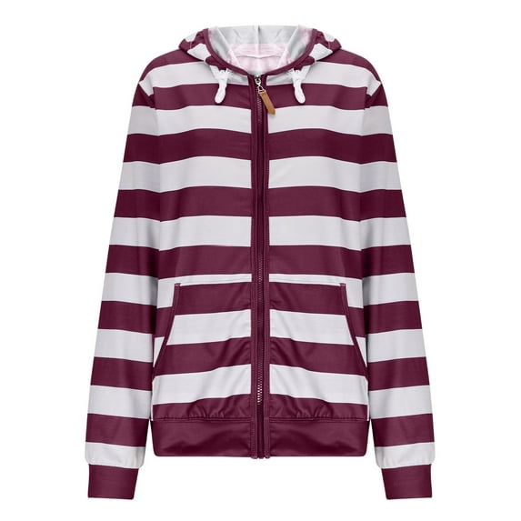 Fesfesfes Women's Stripe Printing Hooded Tops Loose Long Sleeve Tops Casual Sweatshirt(Wine,XL)