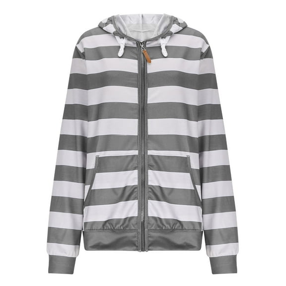 Fesfesfes Women's Stripe Printing Hooded Tops Loose Long Sleeve Tops Casual Sweatshirt(Gray,2XL)
