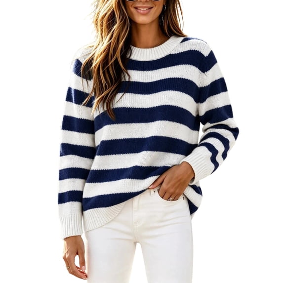 Fesfesfes Women's Striped Color Block Knit Sweater Round Neck Long Sleeve Soft Warm Cozy Lightweight Casual Pullover Top for Fall Winter Daily Wear