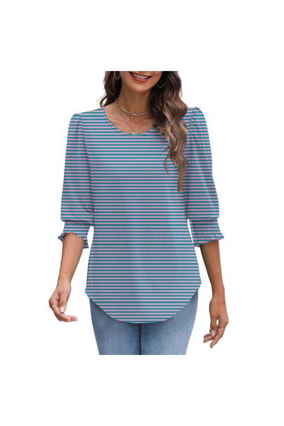 Women's Striped Top Summer Casual Printed Crew Neck Loose Blouse Breathable Fabric Tops 3/4 Puff Sleeves with Smocked Cuffs