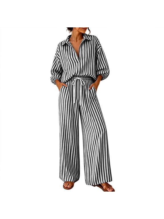 Women's Striped Two Piece Outfit Set V Neck Button Down 3/4 Sleeve Top and Wide Leg Pants with Pockets for Fall Winter Daily Wear
