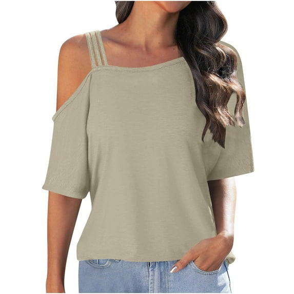 Fesfesfes Women's Summer Blouses Fashion Off-Shoulder Short Sleeve T-Shirts Solid Color Casual Tees for Parties Beach Tops(Beige#1,L)
