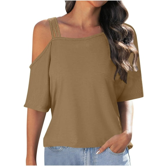 Fesfesfes Women's Summer Blouses Fashion Off-Shoulder Short Sleeve T-Shirts Solid Color Casual Tees for Parties Beach Tops(Khaki,L)
