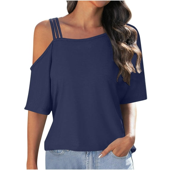 Fesfesfes Women's Summer Blouses Fashion Off-Shoulder Short Sleeve T-Shirts Solid Color Casual Tees for Parties Beach Tops(Navy#1,XL)