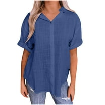 Fesfesfes Women's Summer Blouses Fashion Loose Short Sleeve Collared V-neckline Tops with Buttons Curved Hemline Linen Tunic T-Shirt(Blue,2XL)
