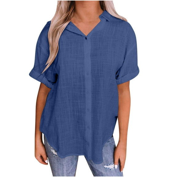 Fesfesfes Women's Summer Blouses Fashion Loose Short Sleeve Collared V-neckline Tops with Buttons Curved Hemline Linen Tunic T-Shirt(Blue,2XL)