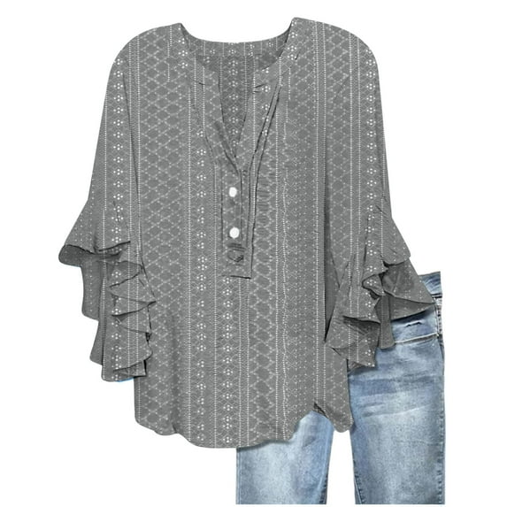 Fesfesfes Women's Summer New Blouse Printed V-Neck Ruffle Sleeves Tops with Buttons Loose Lightweight Breathable Casual Print T-shirt