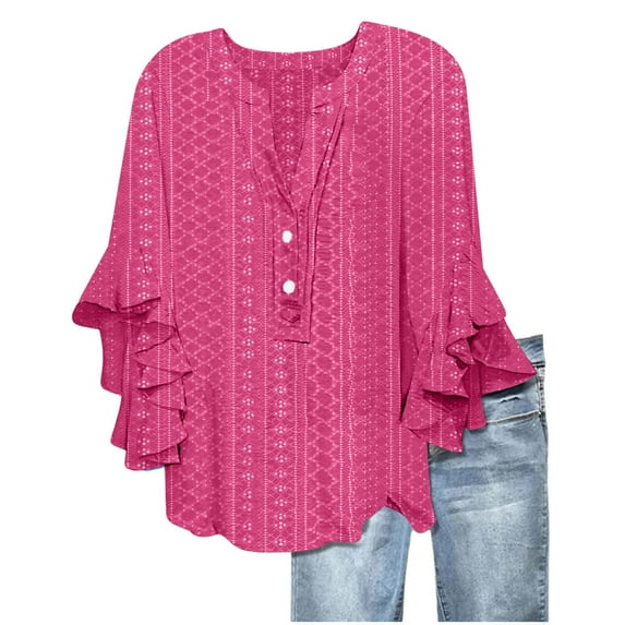 Fesfesfes Women's Summer New Blouse Printed V-Neck Ruffle Sleeves Tops with Buttons Loose Lightweight Breathable Casual Print T-shirt