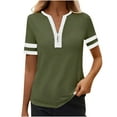 thumbnail image 1 of Fesfesfes Women's Summer T-Shirt Leisure Short Sleeve Contrast Stripe Collar Cuffs V-neck Tops Trendy Breathable Daily Wearing Blouses(Army Green,2XL), 1 of 8