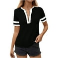 thumbnail image 1 of Fesfesfes Women's Summer T-Shirt Leisure Short Sleeve Contrast Stripe Collar Cuffs V-neck Tops Trendy Breathable Daily Wearing Blouses(Black,L), 1 of 8