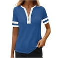 thumbnail image 1 of Fesfesfes Women's Summer T-Shirt Leisure Short Sleeve Contrast Stripe Collar Cuffs V-neck Tops Trendy Breathable Daily Wearing Blouses(Blue,2XL), 1 of 8
