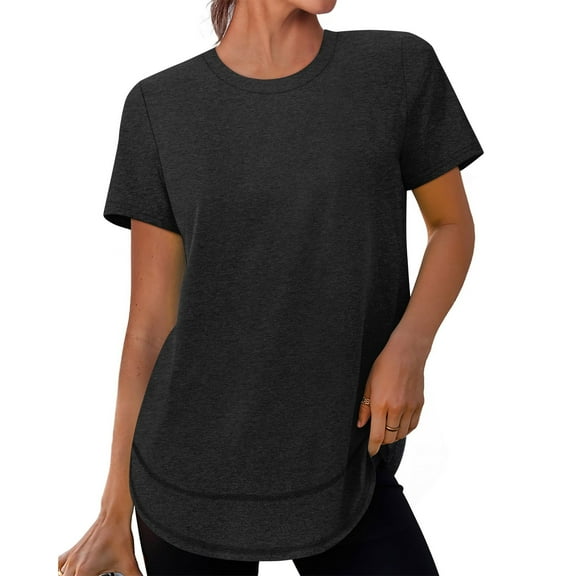 Fesfesfes Women's Summer T-shirt Solid Color Round Neck Curved Hem Indoor Gym Sports Blouse Sunscreen Short Sleeved Shirt Pullover Tops
